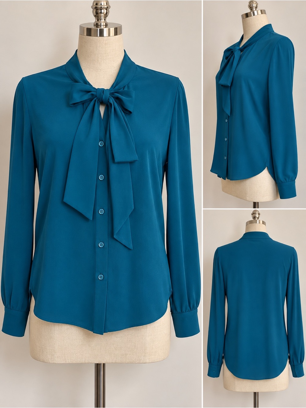 Atlein Tie Neck Long Sleeve Blouse in Blue Size 2 Like New